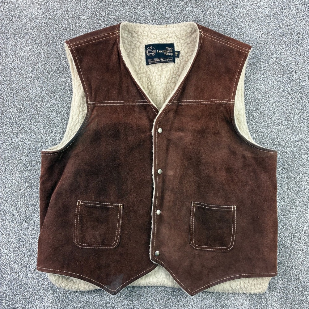 Vintage Sears Leather Shop Vest Mens XL Tall Brown Suede Sherpa Lined Western